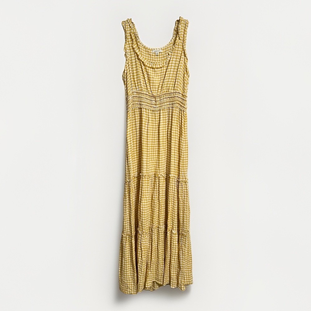 Max Studio Yellow Gingham Smocked Maxi Dress Ruffle Strap Womens Large Smocked